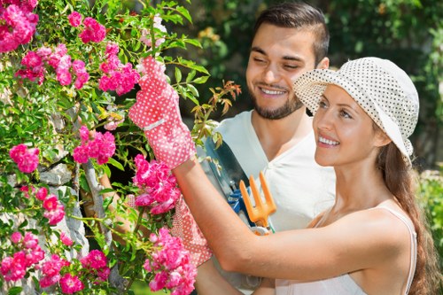 A woman and a man are working together in a lush garden, with vibrant pink roses climbing on a wooden trellis in the foreground. The woman, wearing a wide-brimmed white hat and pink gardening gloves, is tending to the flowering plants, while the man, dressed in casual outdoor wear, stands beside her, holding a small garden tool. Behind them, the garden features a well-maintained grassy lawn, bordered by trees and shrubs, with leafy green foliage providing a natural backdrop. The scene is lit by bright, natural sunlight, indicating a clear day. The overall setting reflects a tidy, landscaped outdoor space typical of residential gardens, suitable for services like hedge trimming and lawn care offered by Hedge Trimming Willesden. The image conveys a peaceful and productive gardening activity in a pleasant suburban environment near Willesden, London, with a focus on garden maintenance and plant care.